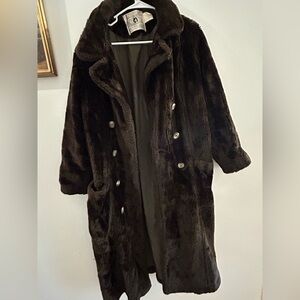 Vintage 70’s Faux Fur Coat Chocolate Brown Buttons Collar Pockets White Stag